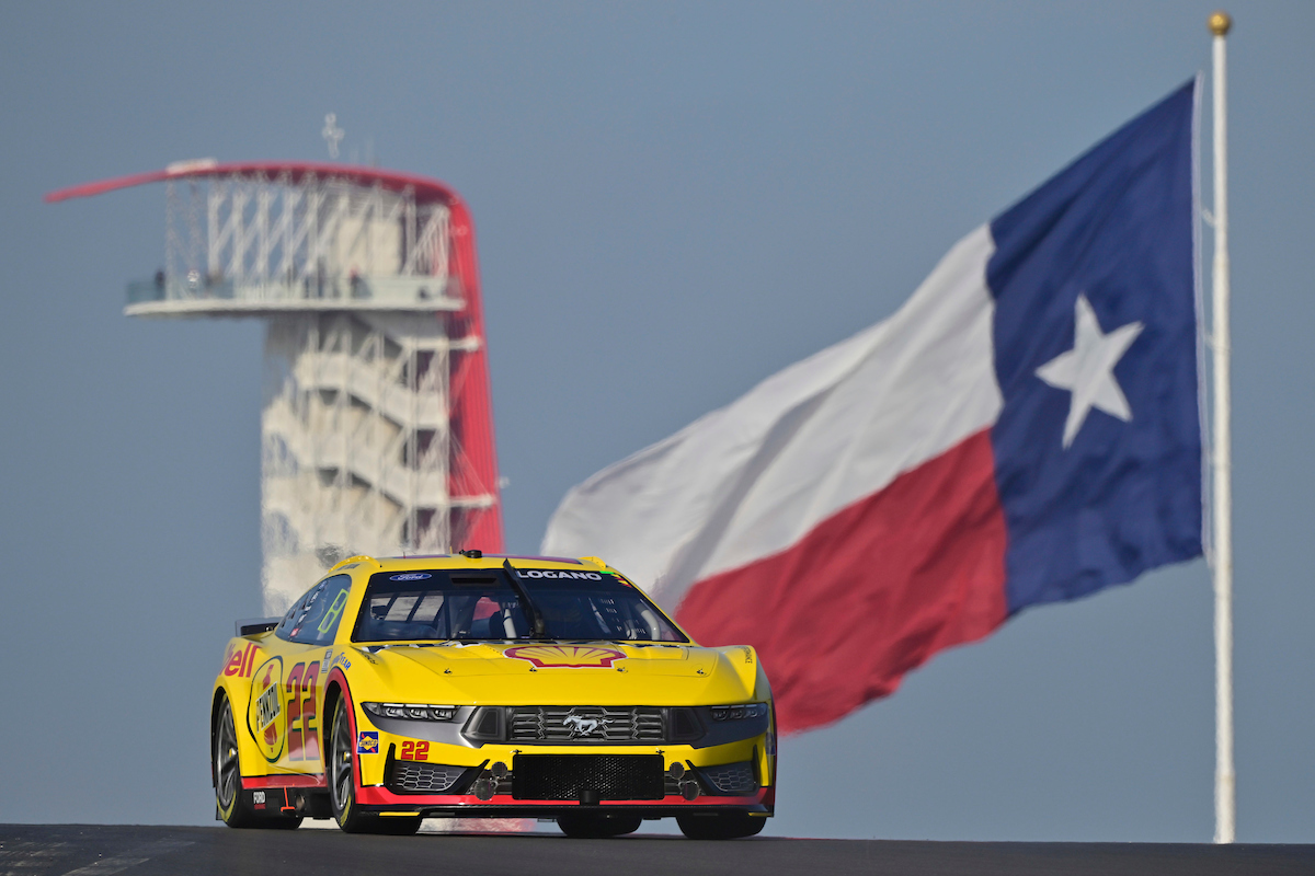 Joey Logano racing at Circuit of the Americas in March 2024.