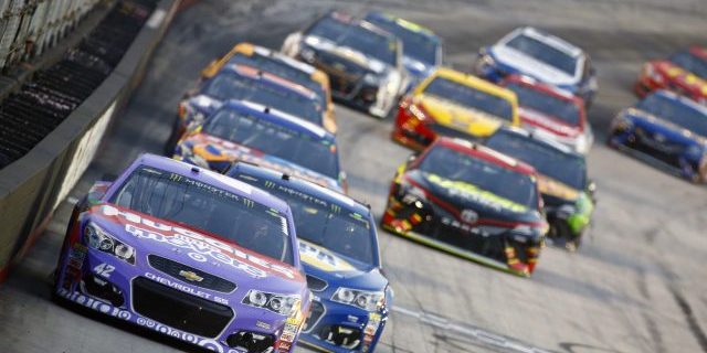 Kyle Larson (42) brings his race car down the front stretch during the Bass Pro Shops NRA Night Race at Bristol Motor Speedway in Bristol, Tennessee. (Photo by actionsports/Deposit Photos)